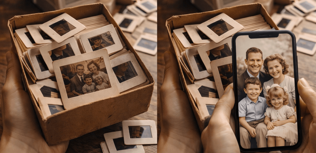Box of old slides compared with a restored family portrait on a phone