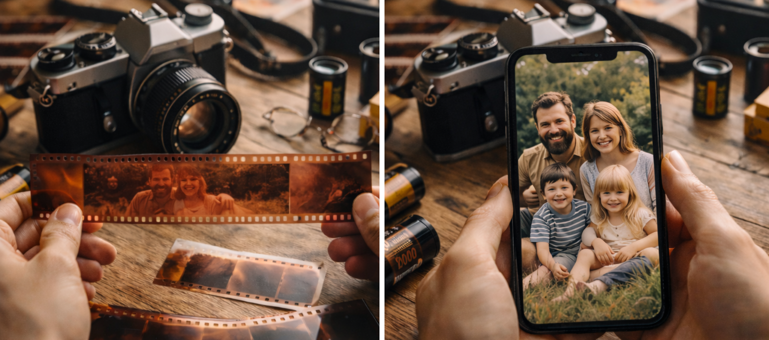 Family negative transformed into a restored phone photo