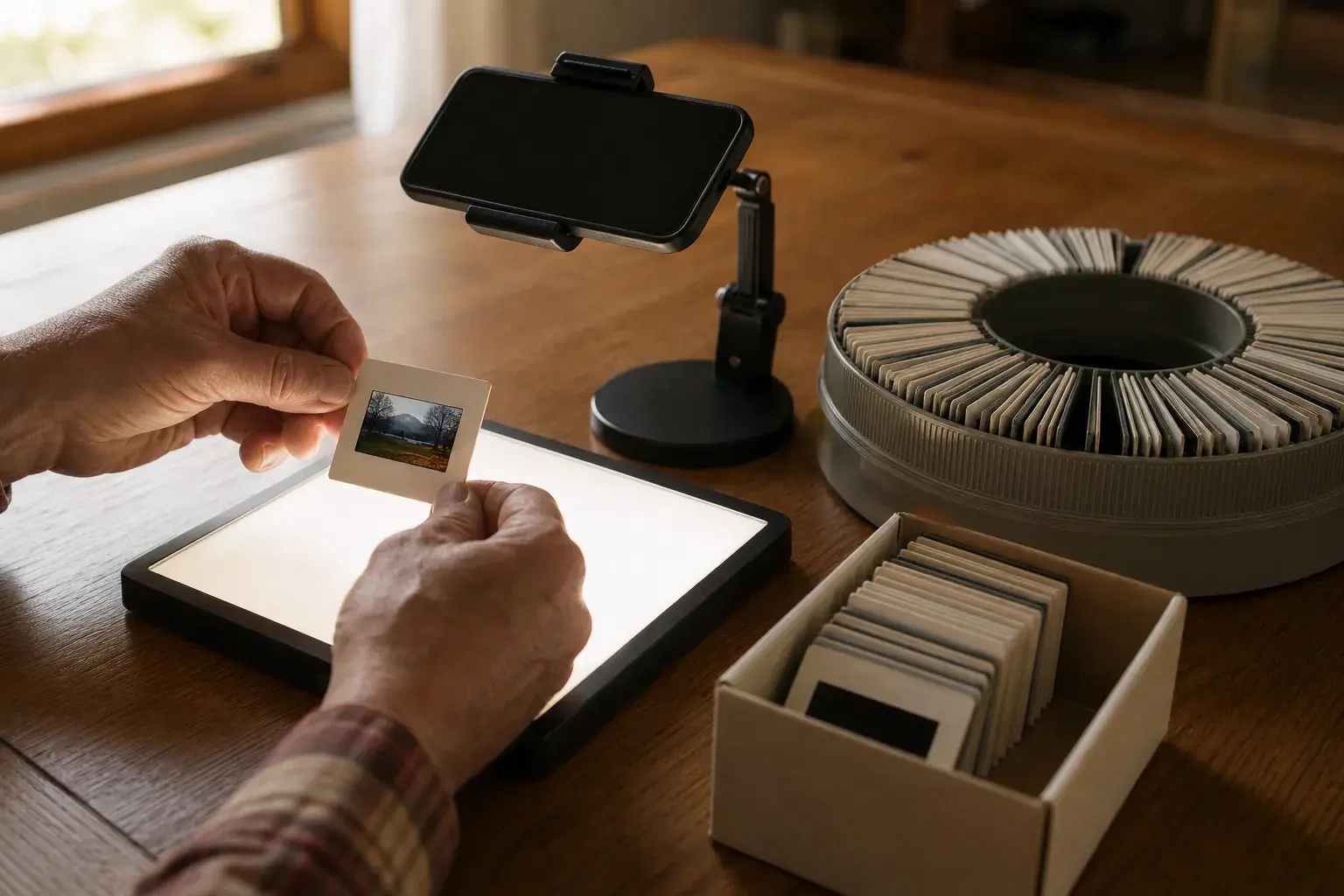 Hands holding a 35mm slide in a white cardboard mount above a glowing light pad, with a phone on a stand, a full slide carousel and a box of slides on a wooden table
