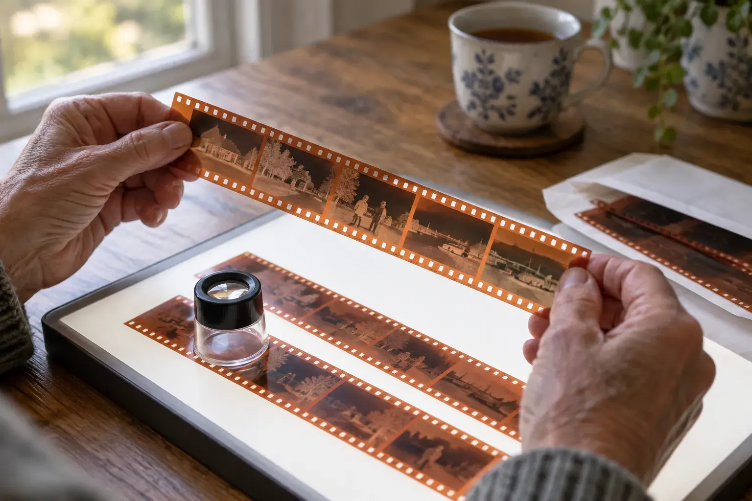 Older hands holding a strip of orange color negatives above a glowing light pad, with a magnifying loupe on more negatives and an open lab envelope on a wooden table