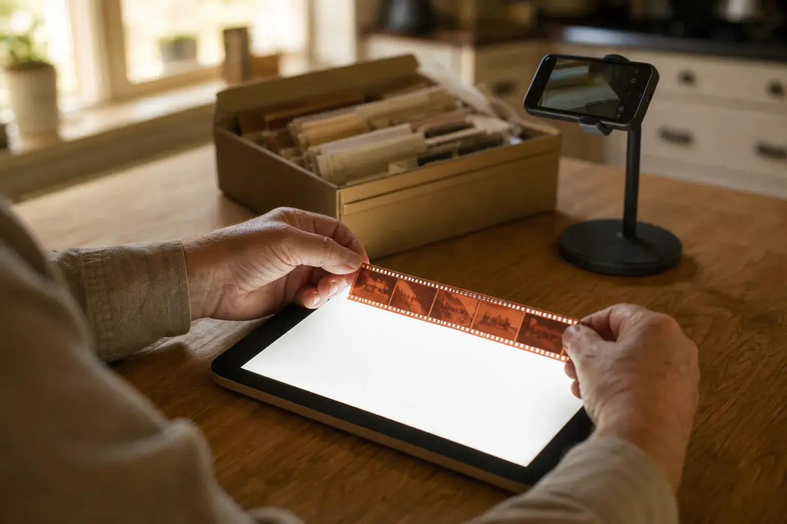 Hands holding a strip of orange color negatives over a glowing light panel, with a phone on a stand and a box of old negatives behind