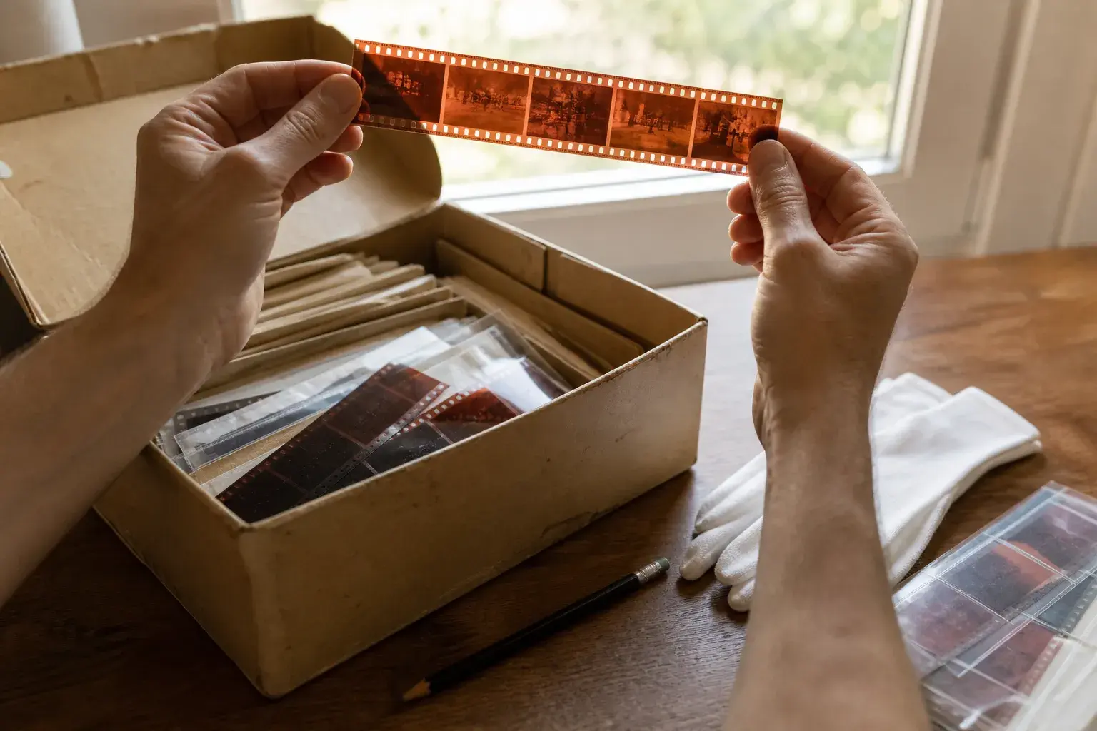Hands holding a strip of orange color negatives up to window light above an open shoebox of old negatives, with cotton gloves, a pencil and sleeved film on a wooden table