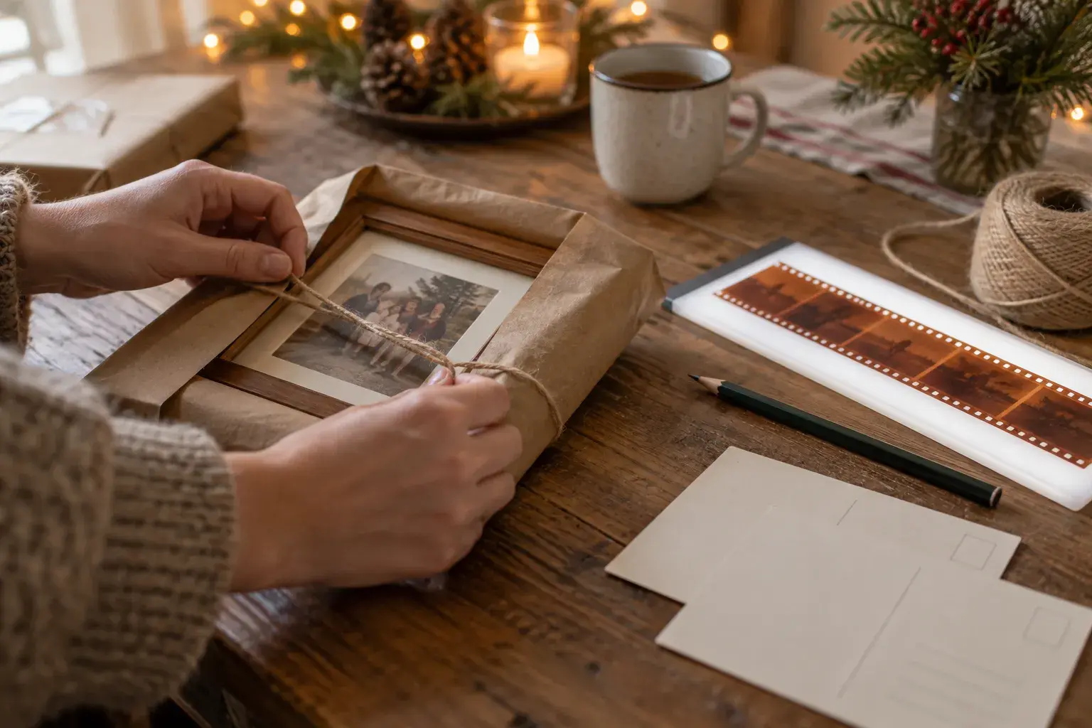 Hände verpacken ein gerahmtes altes Familienfoto in braunes Packpapier mit Kordel auf einem Holztisch, daneben ein Streifen Farbnegative auf einer Leuchtplatte, leere Postkarten und ein Bleistift