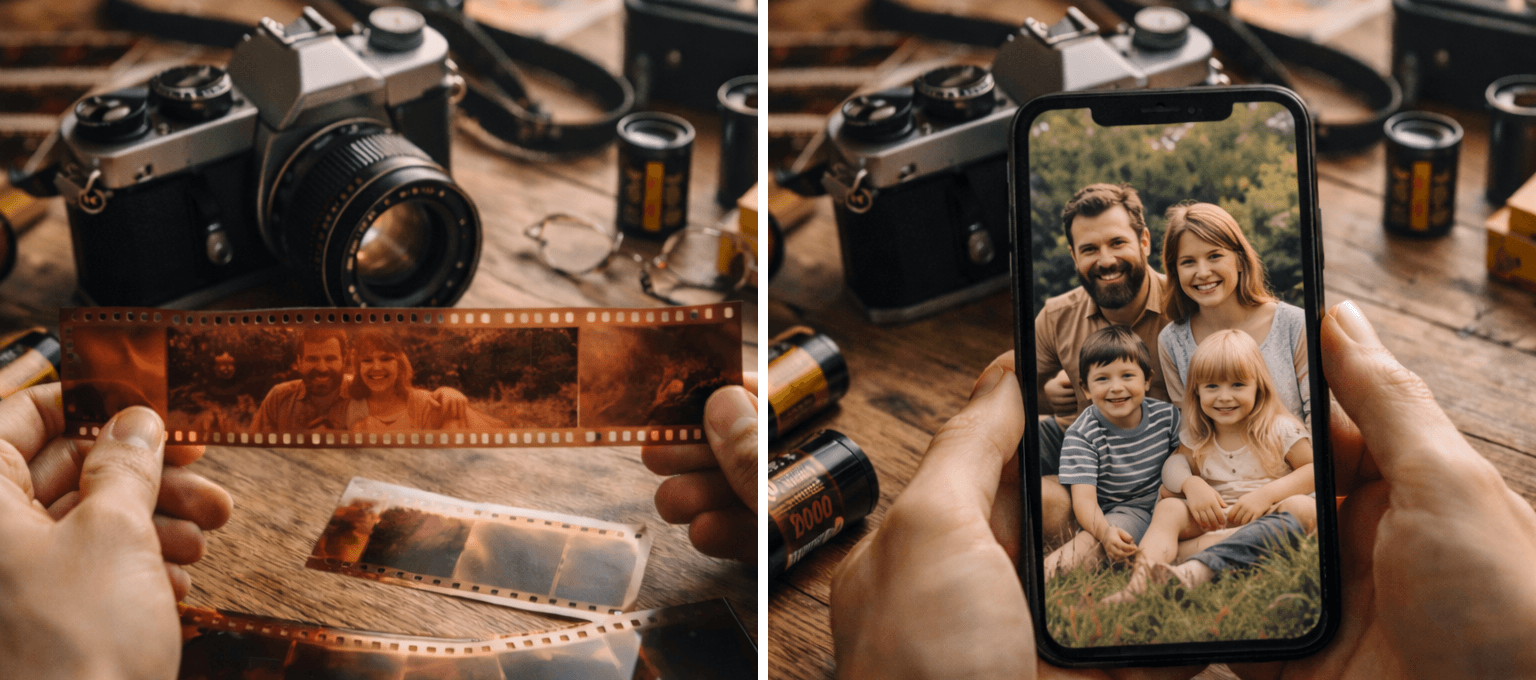 Negatif 35 mm compare a une photo finale corrigee