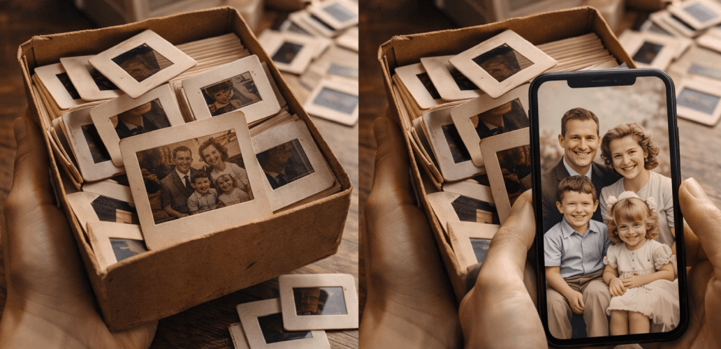 Ancienne diapositive comparee a une photo numerique nettoyee